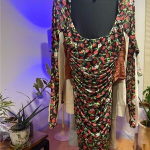 AFRM Black Dress with Red and Green Floral Pattern